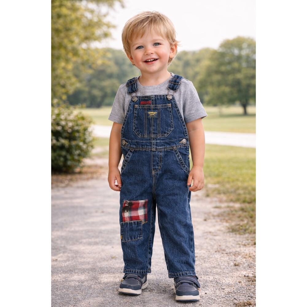 Oshkosh B'gosh Patchwork Deer Blue Denim Overalls Big Kids 24M
